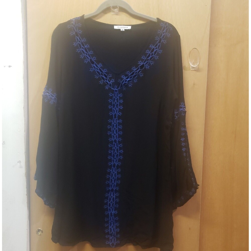 Glamorous Black long sleeve Folk Tunic Top w Embroidery Sz Med LLL